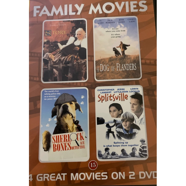 BRUGT som ny - The Story Lady, A dog of Flanders, Sherlock Bones, Splitsville (4 film) DVD 2 DISC Family movies box.