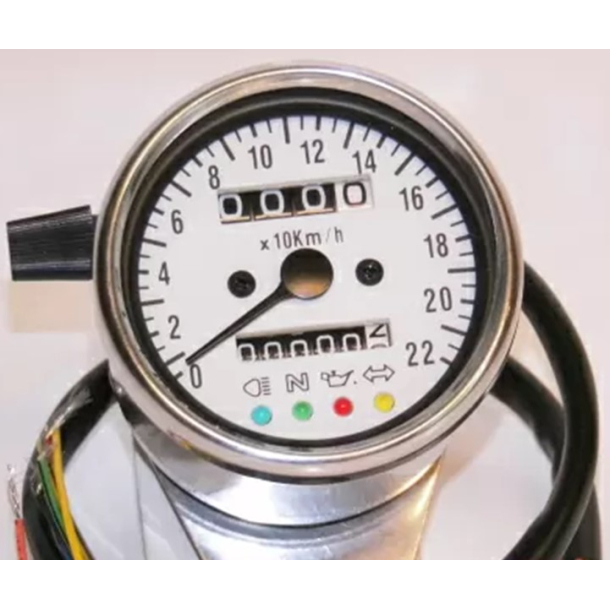 Chrom Speedometer m/beslag Hvid skive Speedo crom 60mm m/beslag -ratio 2.1 KMT. 2.1:1 udveksling