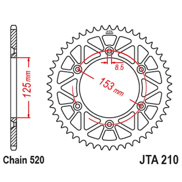  JT Bagk�dehjul Bagtandhjul 52 Tands - JTA210.52 ALU SIDE-CUT HONDA CR125R	