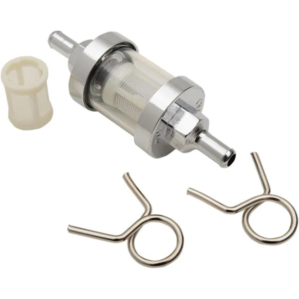 Universal benzinfilter, Glashus med forchromede d�ksler. Glas 1/4� (6,3mm) slange 14-34451 �6mm