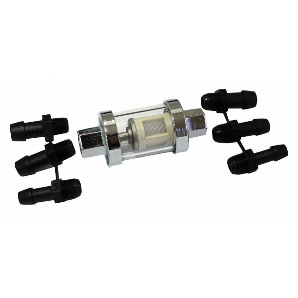 Universal benzinfilter, glashus med forchromede dksler Bikeit Motorcycle Bike Oil Fuel Glass Filter with Three Adaptors 1/4" 5/16" 3/8"
