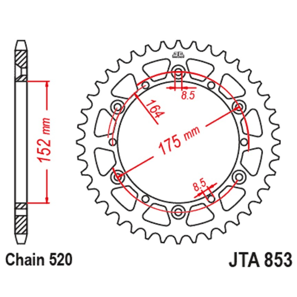 JT Bagk�dehjul Bagtandhjul 48 Tands - JTA853.48 ALU YAMAHA YZ125 YZ250 YZ400 YZ490 IT250 WR250