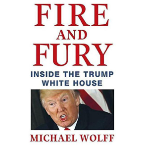 BRUGT RIMELIG STAND Fire and Fury inside the Trump White House - bl�, brand og den orange klovn p� engelsk.