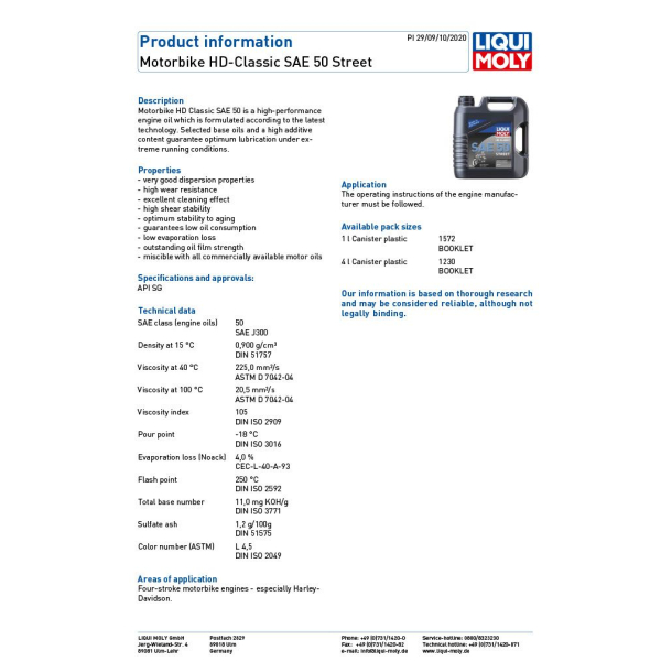 LiquiMoly LM1572 HD V-Classic SAE50 Street 1.L Liqui Moly 4 Stroke Mineral HD-Classic Street SAE 50 1L HD Classic Bikes and V-Twin