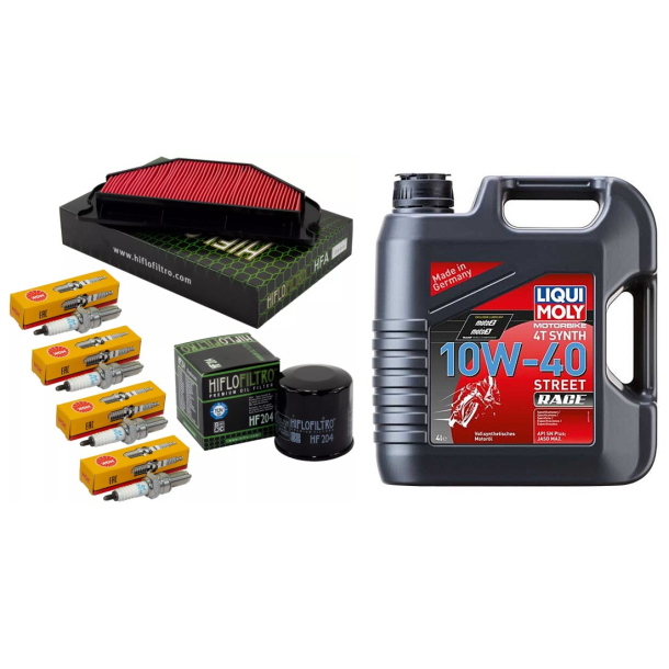 Servicekit KAWASAKI ZX6R ZX6RR 03-04 olie, oliefilter, luftfilter, tndrr, pakning bundprop